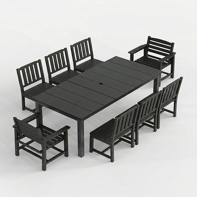 9-Piece Outdoor Dining Set for 8, 75.2" HDPE Table with Umbrella Hole & 8 Chairs, All-Weather Patio Furniture for Lawn, Yard, Deck, or Poolside, Fade & Crack Resistant (Black)