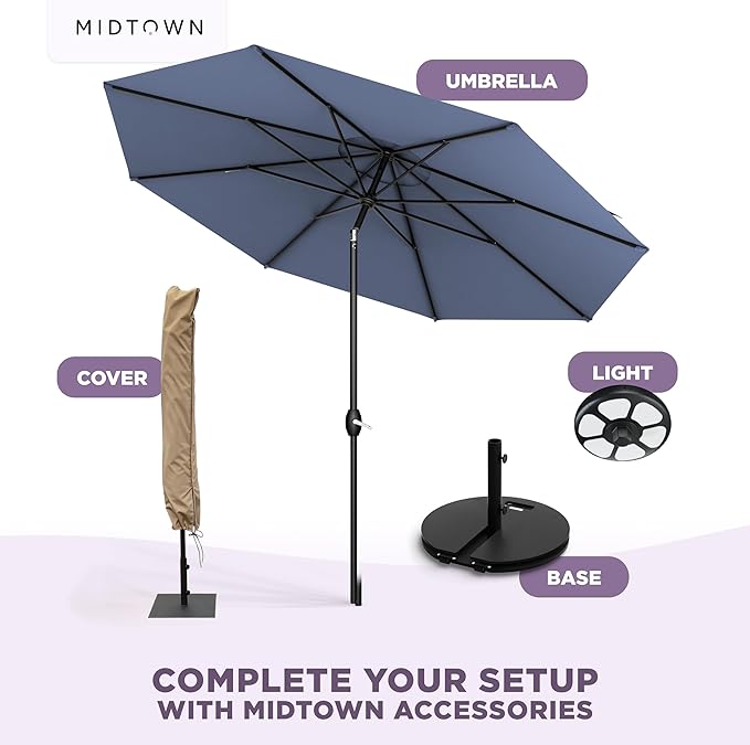 Midtown Umbrellas 10-Year-No-Fade - 8 Ft - UV Proof Light Navy Polyester Fabric - Umbrella Outdoor Patio, Auto-Tilt Aluminum Frame Patio Umbrella for Garden, Pool & Deck - Black Pole