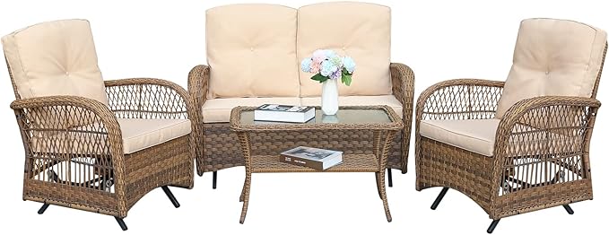 MEETWARM 4 Pieces Outdoor Wicker Patio Conversation Sets with Glider Loveseat, 2 Chairs with Glass-Top Coffee Table Wicker Rocking Glider Set, Wicker Conversation Set with Thickened Cushions