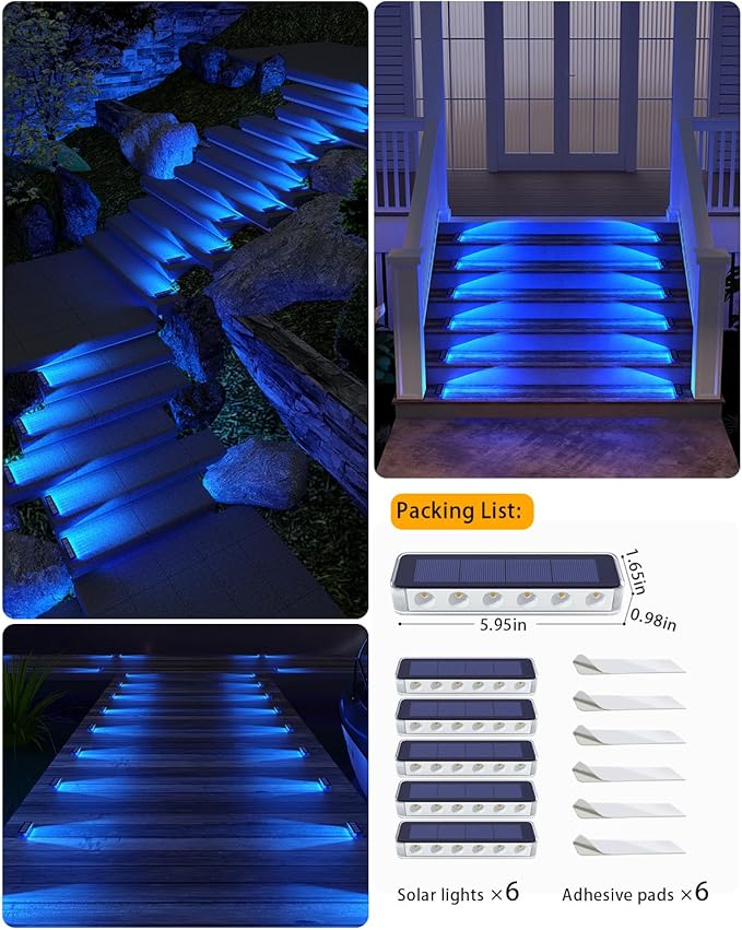 DetarZinLED Blue Solar Lights for Outside,6 Pack Solar Deck Lights Outdoor Waterproof LED,Blue Step Light for Outside,Dock Light Solar Powered Waterproof for Deck,Steps,Dock,Driveway,Stair,Path