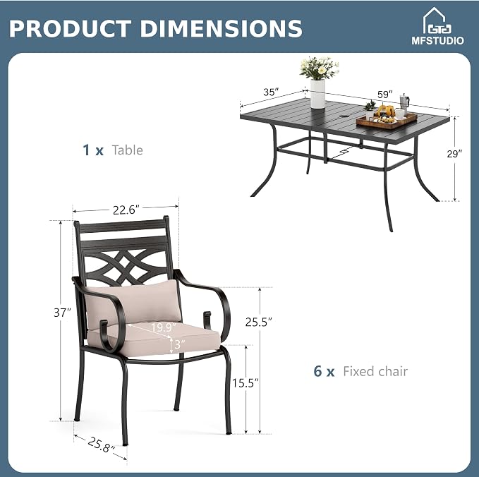 MFSTUDIO 7 PCS, Patio Dining Set, 59"×35", Umbrella Hole | Wrought Iron, Steel, Metal, Weather resistant, Easy to clean, E-coated frame