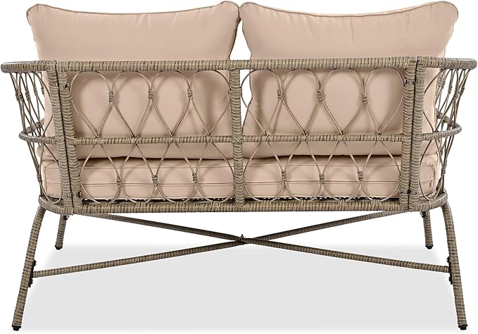 Bohemia-Inspired 4-Person Outdoor Seating Group with Loveseat, 2 Chairs and Table, All Weather Conversation Patio Set with Wood Tabletop and Washable Cushions for Backyard Poolside Garden