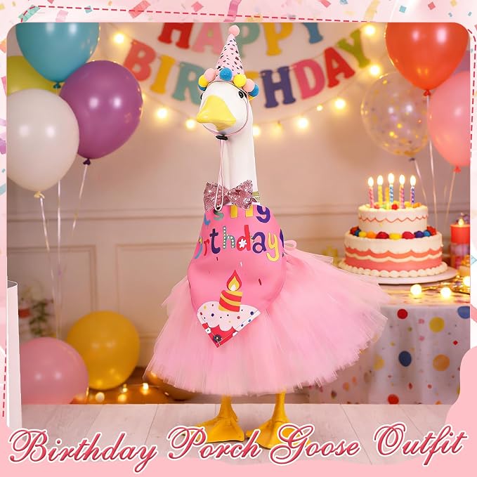 6Pcs Porch Goose Birthday Decor Set for Outdoor Cement Goose Yard | Cute Porch Goose Birthday Costume Accessory Kit With Tutu Skirt Party Hat Scarves Bow Tie Glasses for Outdoor Decoration