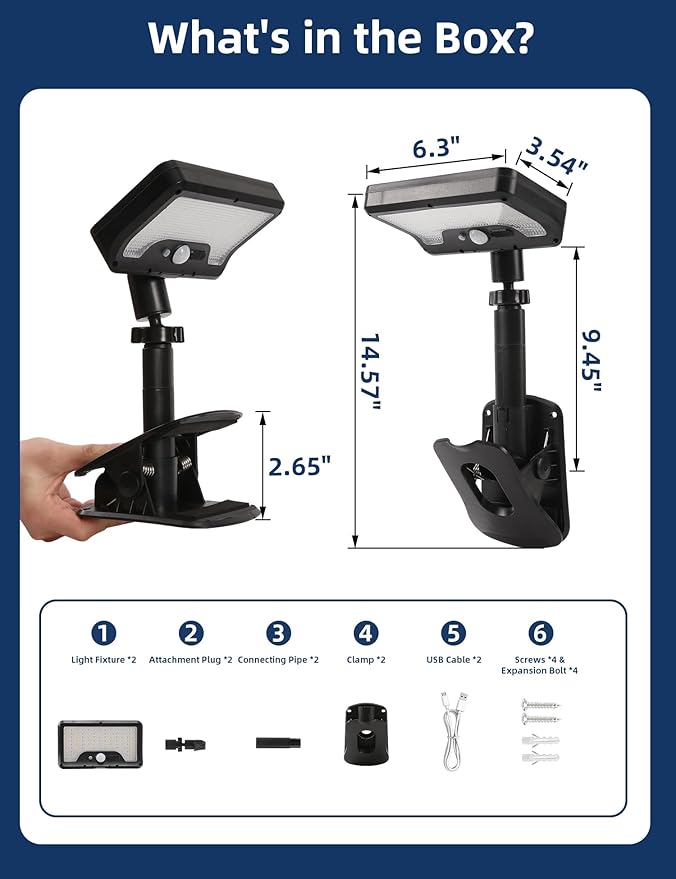 Solar Clip Light with Motion Sensor, Waterproof Clip On Solar Lights Outdoor, 360°Rotatable & 45°Up-Down Adjustable Solar Fence Ligh, Dual Charging Modes,Solar Security Light for Garden Garage