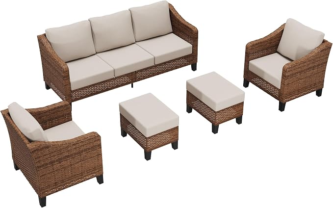 5-Piece Patio Conversation Sets, Outdoor Sectional Sofa with Ottoman, Modular Wicker Furniture for Backyard, Garden