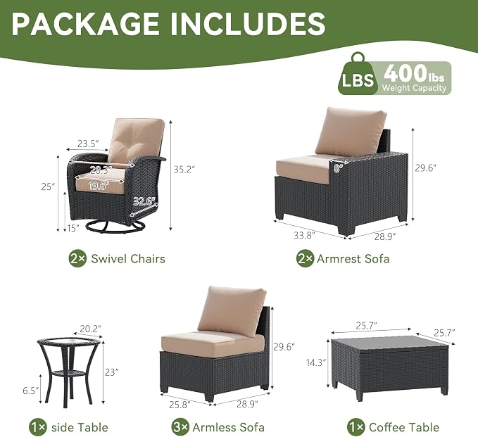 LazySunsets 9 PCS Patio Furniture Set, Outdoor Sectional All-Weather Wicker Conversation Set with Swivel Rocker Chairs, 4'' Thick Cushions for Backyard Poolside(Cream/Black)
