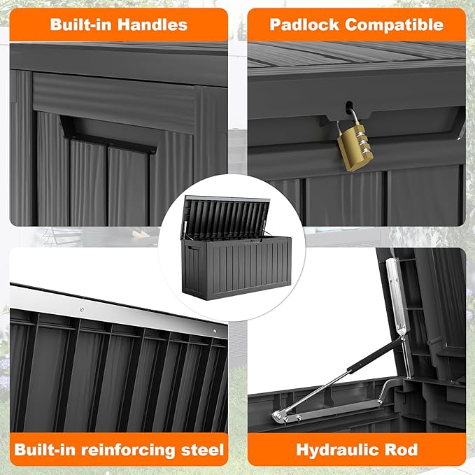 PatioZen 90 Gallon Deck Box,Resin Outdoor Storage Box with Lockable for Patio Furniture, Pool Accessories, Garden Tools Waterproof Outside Storage Box, Black