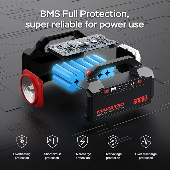 MARBERO Power Bank 60,000mAh Portable Power Station 222Wh with 60W PD Fast Charge & LED Light for Home Backup Outdoor Camping RV Travel and Emergency Power Supply
