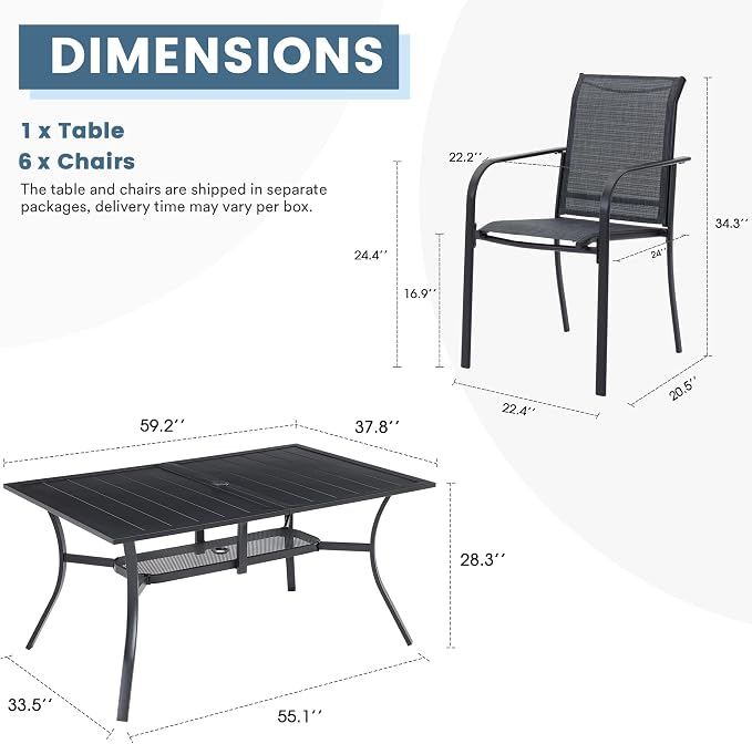 DIFY 7 Pieces Outdoor Patio Dining Set for 6, 59.2" Black Rectangle Metal Dining Table and 6 Grey Stackable Textilene Patio Chairs, Outdoor Table and Chairs for Backyard Garden Poolside