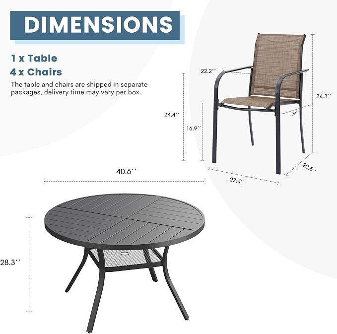 DIFY Patio Dining Set for 4, 5 Piece Outdoor Table and Chairs Set, 40.6" Black Round Metal Patio Dining Table and 4 Brown Textilene Stackable Patio Chairs, for Backyard Garden Poolside