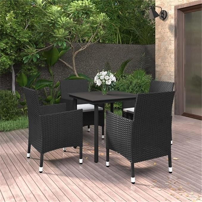 Afuera Living Contemporary Patio Dining Set, Black/Cream White Finish, 5-Piece Set, Powder-Coated Steel Frame, Glass Top Table, Polyester Cushions, Indoor/Outdoor Use, Weather-Resistant, Seats 4