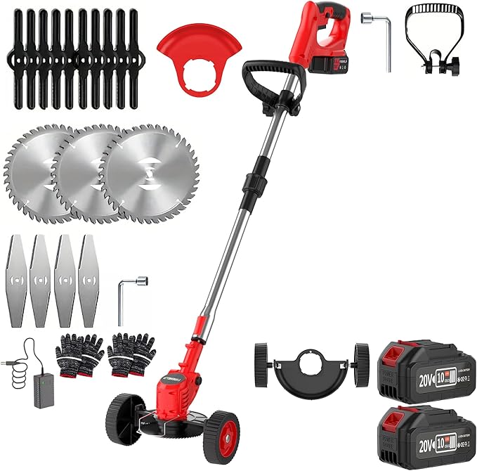 3-in-1 Cordless Weed Trimmer & Lawn Mower - Electric Trimmer, Edger, Bush Cutter with Adjustable Height (Red - 2 * 2Ah)