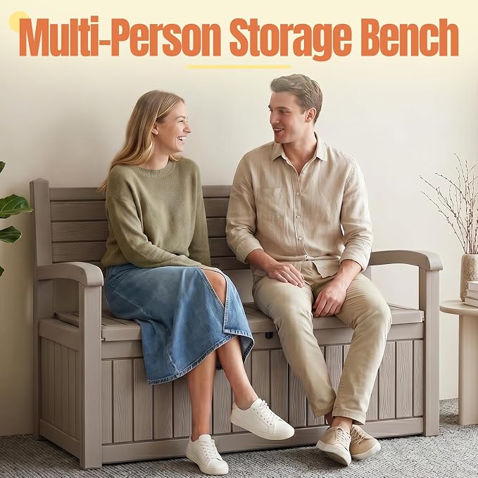 Storage Bench Outdoor Deck Box,100 Gallon Waterproof & UV Resistant Lockable Patio Furniture Seating.Indoor/Outdoor Shoe Storage Cabinet for Garden Cushions,Tools,Patio,Pool Supplies(Taupe)