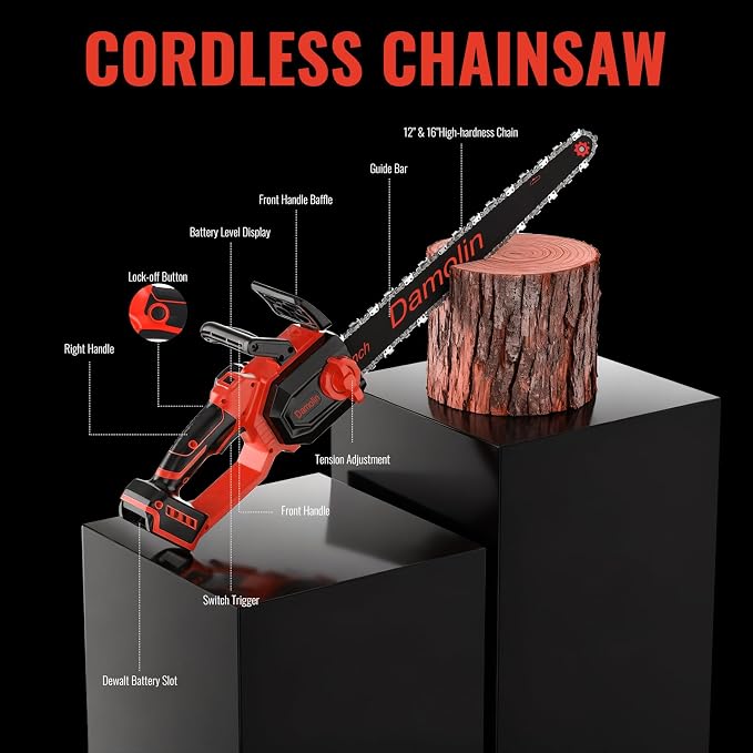 2-IN-1 Brushless Electric Chainsaw Cordless Compatible with Milwaukee M18 Battery, 12-Inch/16-Inch Battery Powered Chainsaw with Auto Oiler, 2x 12''+16'' Chains for Tree/Wood Cutting Pruning-ONLY TOOL