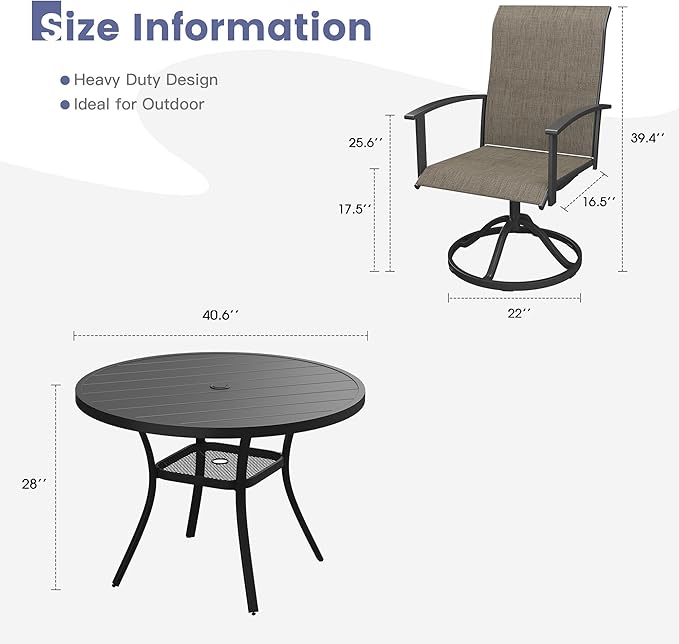 VICLLAX Outdoor Table and Chairs Set for 4, Patio Dining Set of 40.7" Metal Round Patio Table with Umbrella Hole & 4 Swivel Outdoor Dining Chairs for Backyard Lawn, Mixed Brown & Black