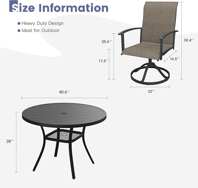 VICLLAX Outdoor Table and Chairs Set for 4, Patio Dining Set of 40.7" Metal Round Patio Table with Umbrella Hole & 4 Swivel Outdoor Dining Chairs for Backyard Lawn, Mixed Brown & Black