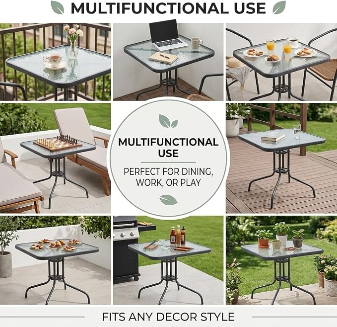 31.5" Outdoor Glass Patio Table, Square Tempered Glass Top with Metal Frame, Bistro Dining Table for Balcony, Garden, Patio, Assembly Required