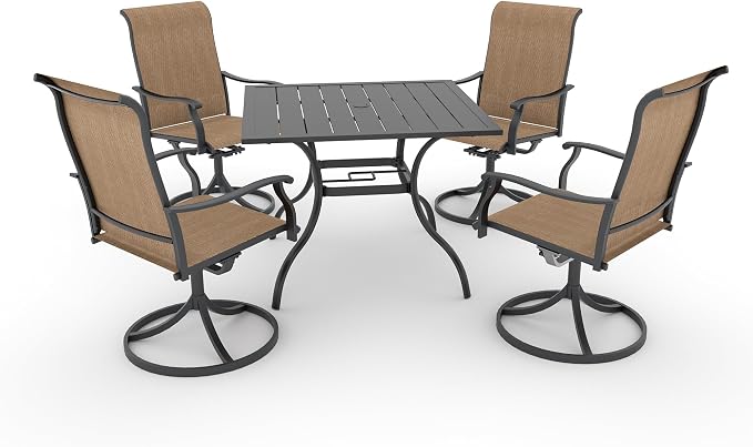 Anmutig 5 Piece Outdoor Patio Dining Set, 4 Swivel Rocking Patio Chairs & Square Dining Table Outdoor Furniture for Backyard Bistro Garden Poolside, Brown