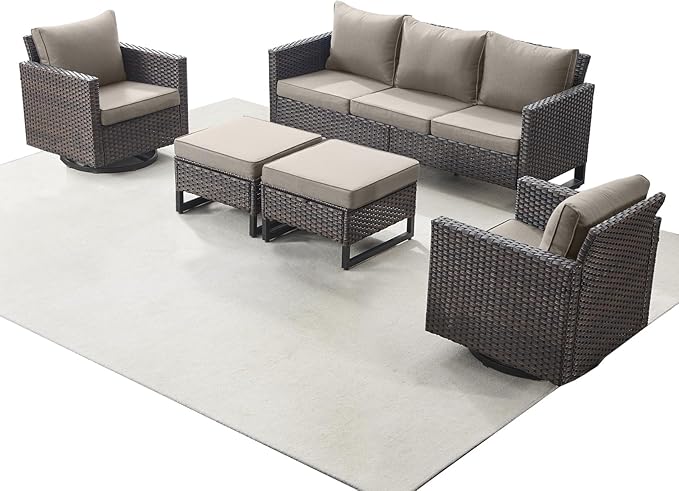 Rilyson Wicker Outdoor Patio Furniture Set - 5 Piece Patio Conversation Set with 2 Swivel Rocker Chairs,2 Rattan Ottoman and 1 Couch for Outside Porch Deck Backyard Garden(Brown/Grey)