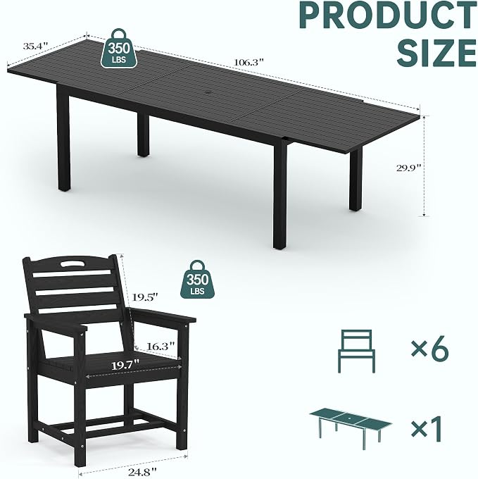 PIZZELLO 7 Pieces Outdoor Dining Set, 106" Extendable Aluminum Patio Dining Table w/ 6Pcs HDPE Patio Chairs, All Weather Outdoor Table and Chairs Sets for Backyard, Garden and Deck