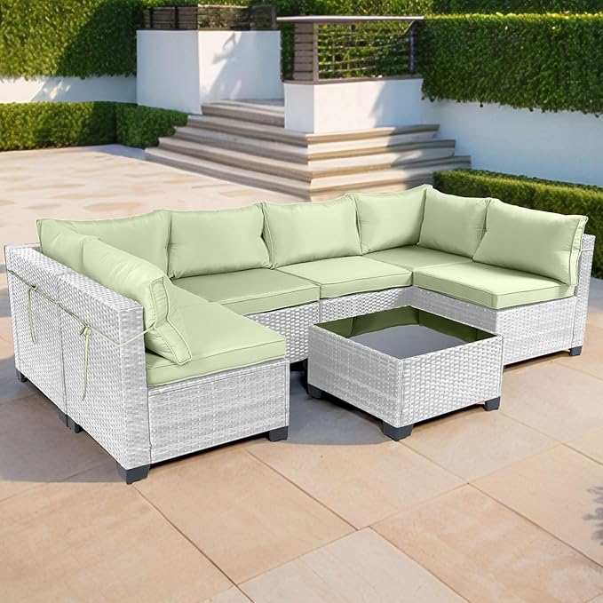CHABATREE 7 Pieces Outdoor Patio Furniture Sets,Rattan Conversation Sectional Set,Manual Weaving Wicker Patio Sofa with Tea Table