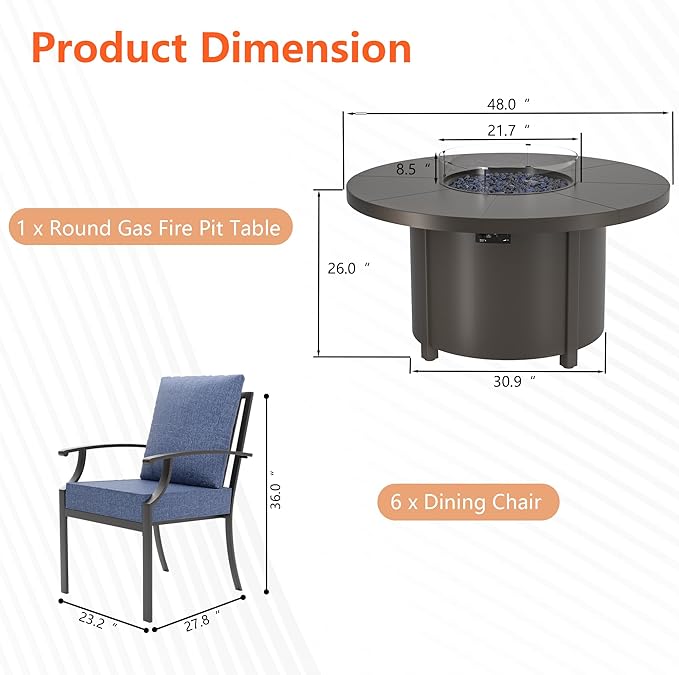 7 Pieces Outdoor Patio Furniture Set with 48" Round Propane Fire Pit Table,Patio Dining Set Outdoor Conversation Sets 6 Chairs for Deck,Backyard and Garden,Dark Blue