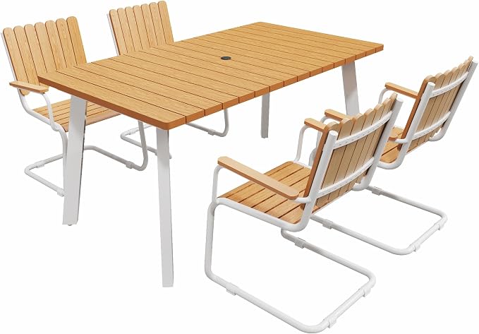 5 Piece Outdoor Conversation Set for 4, HDPE Patio Seating Set with Table and Chairs, All-Weather Outdoor Lounge Furniture with Umbrella Hole for Garden, Porch, Poolside, White & Teak