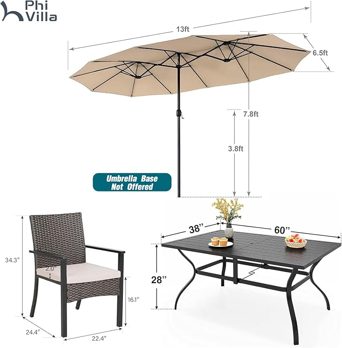 PHI VILLA 7pc Patio Dining Set with 13ft Beige Umbrella, 6 Rattan Chairs | 60" metal dining table, 6 cushioned rattan wicker chairs, and 13ft beige umbrella. Perfect for patio, deck, yard, or porch.