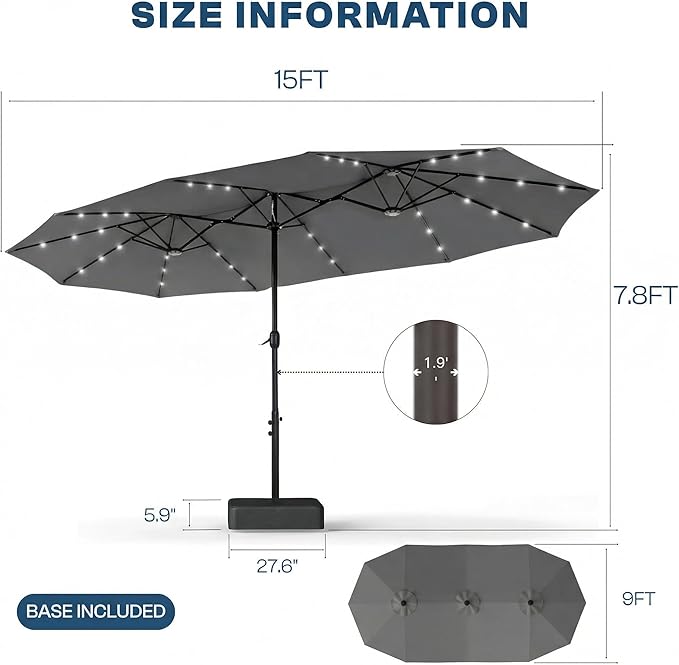 15FT Large Outdoor Patio Umbrella with Solar Lights and Base, Double-Sided Table Umbrellas with 48 LED Lights, Rectangle Market Umbrella for Pool, Deck, Backyard