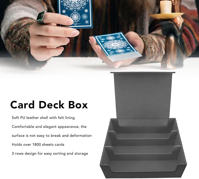 RiToEasysports Card Deck Box, 3 Rows Large Capacity Magnetic Closure Card Deck Case PU Leather Divider Box Storage Case for Game Cards Tarot Cards (Black Shell with Grey