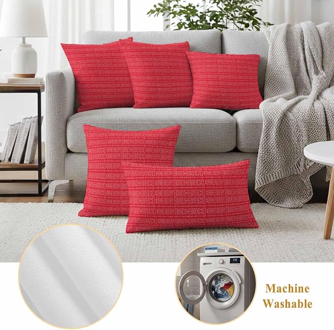 Outdoor Waterproof Throw Pillow Covers Set of 2 Red Stripes Grain Pillowcases 26x26 Inches Solid Color Decorative Pillows Cushion Case Patio Pillows for Couch Bed Chair Garden
