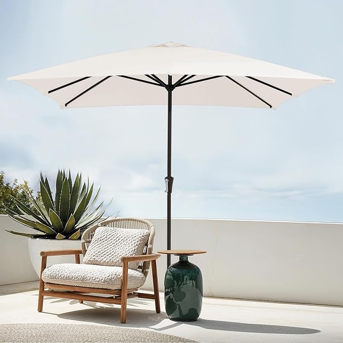 JEAREY 8x10 ft Rectangular Patio Umbrellas Outdoor Table Market Umbrella w/Crank, 8 Sturdy Ribs, UV Protection Windproof Sunproof for Garden, Deck, Backyard, Pool(Cream White)