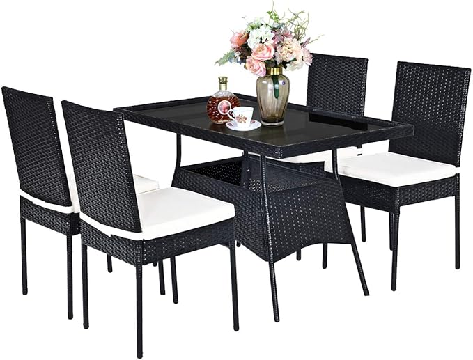 Tangkula 5 Piece Wicker Patio Dining Set, Outdoor Rattan Table & Chairs Set with Tempered Glass Top & Padded Cushions, Patio Furniture Dining Table Set for Balcony Patio Garden Poolside