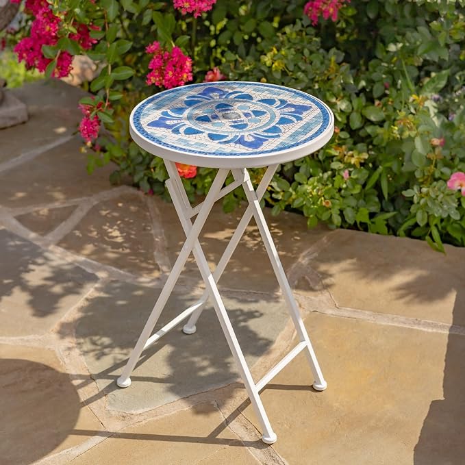 Zaer Ltd. Mosaic Tile Furniture with White Metal Frame and Patterned Tile Tops (Cape May - White/Blue, Folding Accent Table)