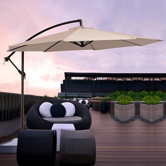 MEWAY 10ft Outdoor Umbrella Patio Offset Cantilever Umbrella, Large Market Deck Pool Backyard Sunshade Umbrella with 8 Sturdy Ribs, Crank & Cross Base