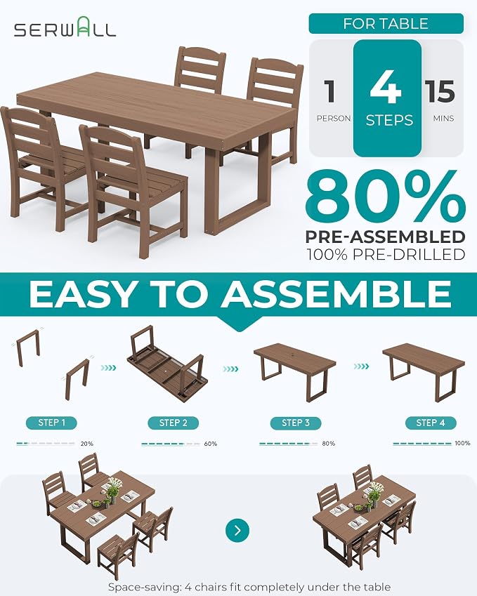 SERWALL HDPE Outdoor Dining Set for 4, 67'' Patio Table and Chairs Set | with Armless Seat