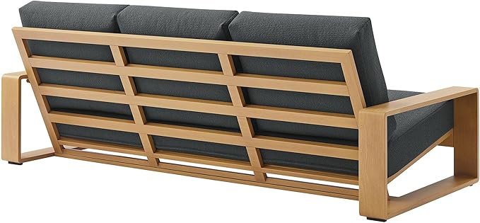 Modway Lirienne Aluminum Faux Wood 4-Piece Outdoor Furniture Set in Charcoal Natural – Patio Conversation Set with 3-Seater Sofa, 2 Armchairs & Coffee Table