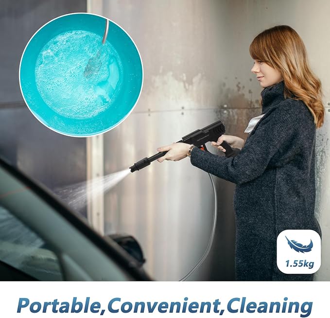 Cordless Pressure Washer, Battery Powered Pressure Washer with 5M Hose, Adjustable Spray Nozzle Portable Power Washer, Cordless Power Washer for Car/Garden/Floor, 2x1.5 Ah Battery