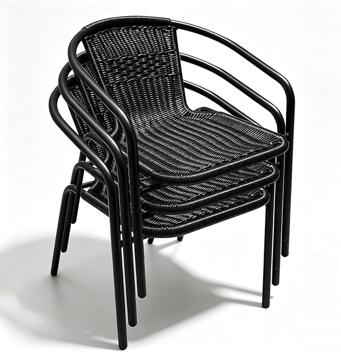 4 Stackable Wicker Patio Chairs, Weather-Resistant Outdoor Seating, Ideal for Balcony Porch Lawn & Small Patio Furniture Set Decor, Black
