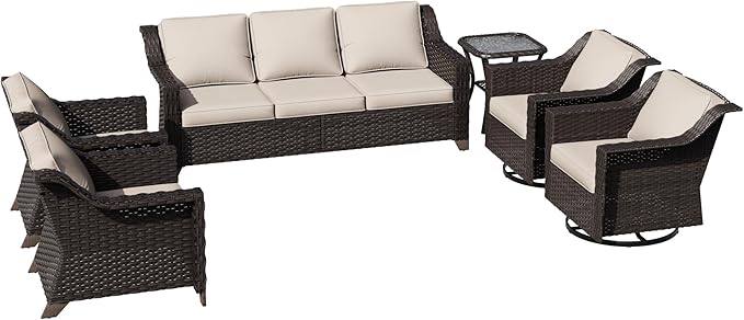 6 Pieces Patio Conversation Furniture Set - 1 Sofa, 2 Swivel Chairs, 2 Armchairs, 1 Side Table, Outdoor Wicker Furniture with Removable Cushions for Porch, Balcony, Sunroom (Beige)