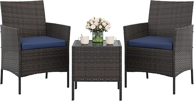 3-Piece Outdoor Furniture Set, PE Rattan Wicker Chairs with Soft Cushions & Tempered Glass Coffee Table - All-Weather Patio Set for Garden, Backyard, Porch, Poolside (Brown/Navy Blue)