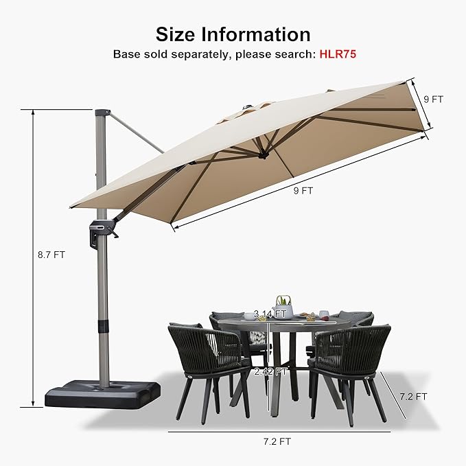 PURPLE LEAF 9’ X 9‘ Patio Umbrella Outdoor Cantilever Umbrella, Aluminum Offset Umbrella with Champagne Frame and 360° Rotation for Pool Deck Garden, Beige