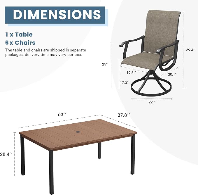 DIFY Outdoor Dining Set for 6, 7 Piece Patio Table and Chairs Set, Swivel Patio Chairs with Brown Textilene & 63" Walnut Rectangle Metal Dining Table with Umbrella Hole, for Garden Backyard Deck