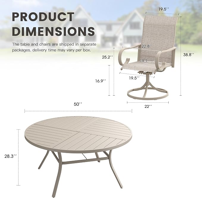 7 Pieces Patio Dining Set, 6 Outdoor Swivel Dining Chairs with 50.1" Round Metal Outdoor Dining Table with Umbrella Hole for Garden Backyard Deck, Sandshell