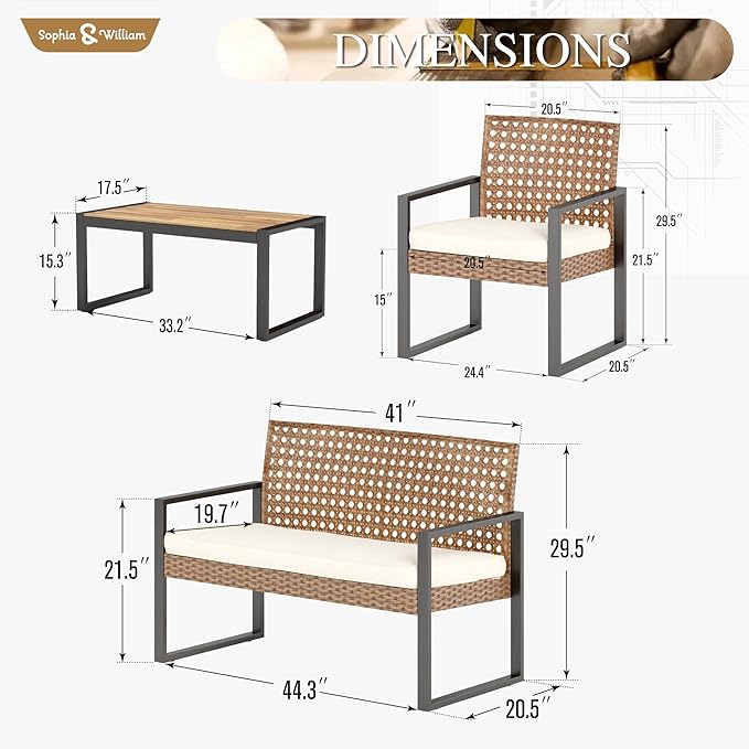 Sophia & William 4 Pieces Patio Conversation Set, Wicker Outdoor Furniture Set for 4, All Weather Outdoor Seating Set, Rattan Loveseat & Single Chairs with Cushions & Acacia Wood Coffee Table, Beige