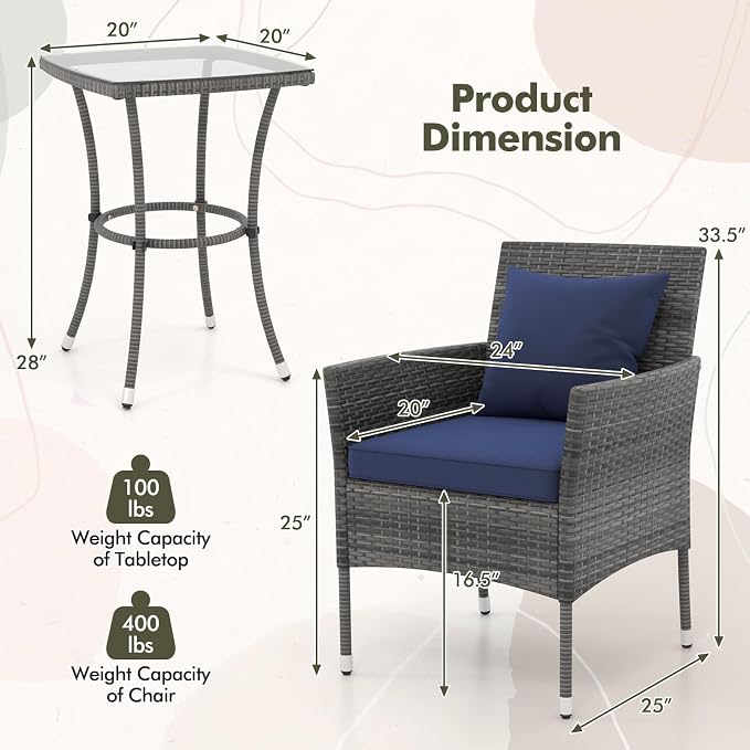 DORTALA Wicker Patio Furniture Set 3 Piece, Small Outdoor Table & Chairs with Tempered Glass Tabletop, Cushions, Rattan Conversation Bistro Set for Balcony, Porch, Backyard, Deck, Mix Gray+Navy