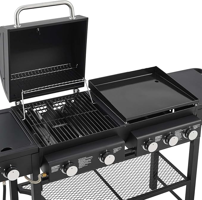 5 Burners Propane Gas Grill and Griddle Combo with Side Burner, 3 in 1 Griddle Grill and Porcelain-Enameled Cast Iron Grates, 56,000 BTU Outdoor Cooking Barbecue Grill, Black