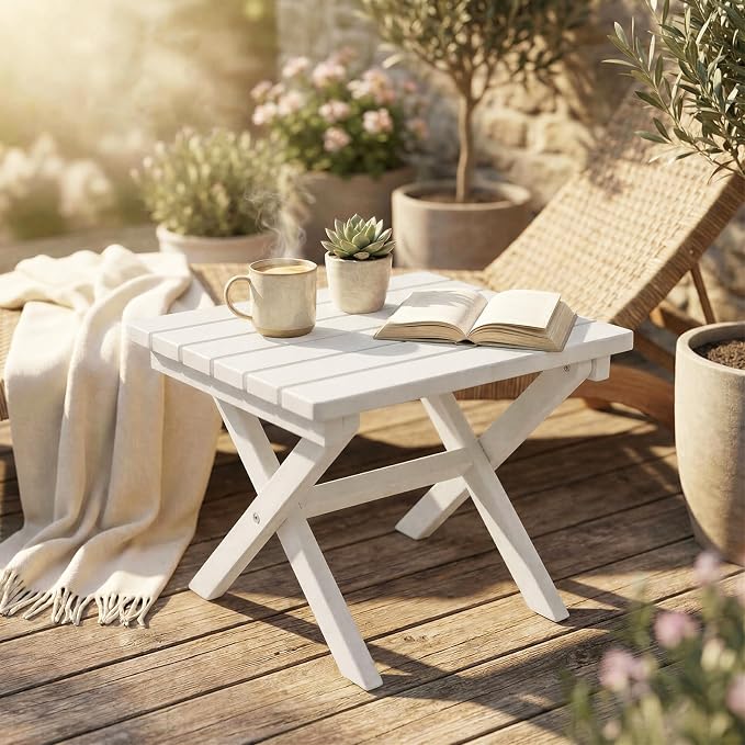 Furnimart 18" Square Foldable Side Table for Outdoor & Camping, Extra-Thick HDPE Weather-Resistant Small Coffee Table, Portable White Outdoor End Table for Balcony Poolside Space Saving(White)