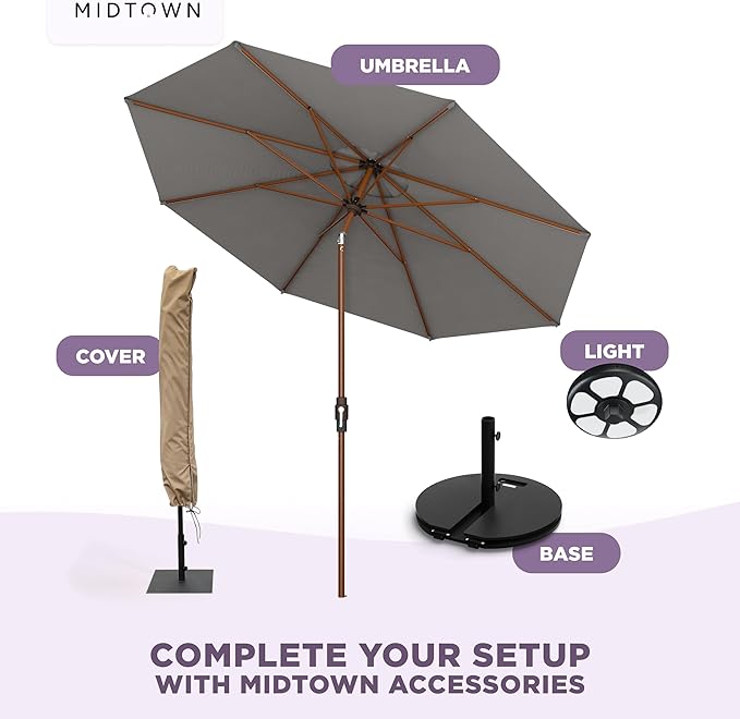 Midtown Umbrellas Wooden 2-10 Ft Patio Umbrella with 360° Swivel & Tilt Mechanism, 8 Fiberglass Ribs & Terylast Polyester Fabric for Deck, Pool, Garden & Porch - Charcoal Canopy, Wooden Pole