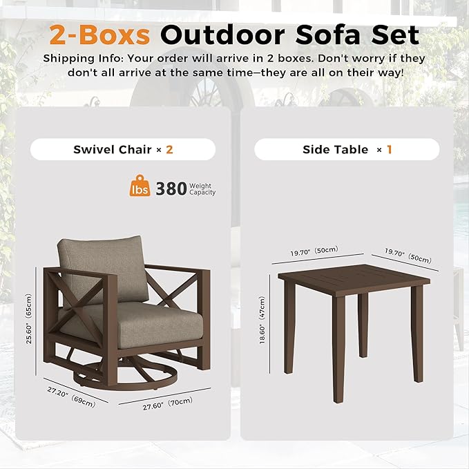 Aluminum Outdoor Furniture Set,2-Seats Outdoor Swivel Rocker Patio Chairs with 5.2" All-Weather Cushions and Coffee Table,3 PCS Patio Conversation Set for Deck, Porch, Garden (Brown)